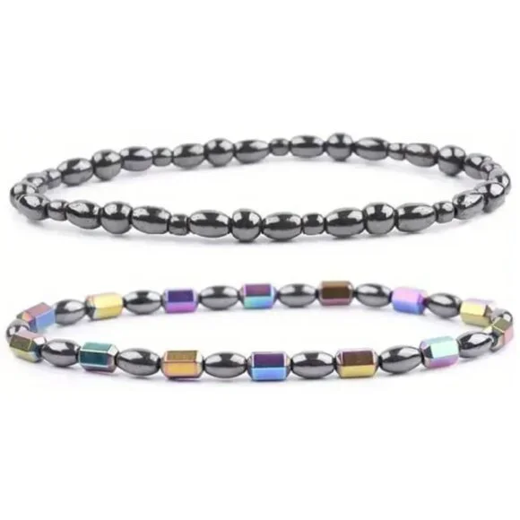 Gun Metal Grey & Iridescent 2 pk Hematite Bead Ankle Bracelet Magnetic Therapy - Picture 1 of 2